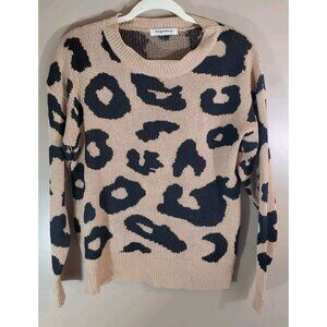 Angashion Cheetah Print Crewneck Pullover Cotton Blend Sweater, Size L